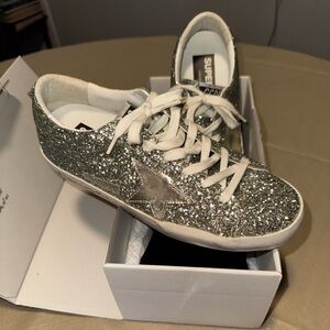 Golden Goose SuperStar Platinum & Green Glitter Sneakers Size 38 BNIB